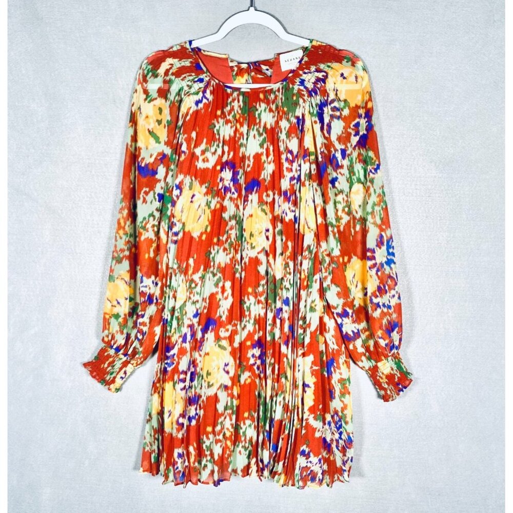 Sezane Dress Womens 36 Red Floral Accordion Pleat Mini